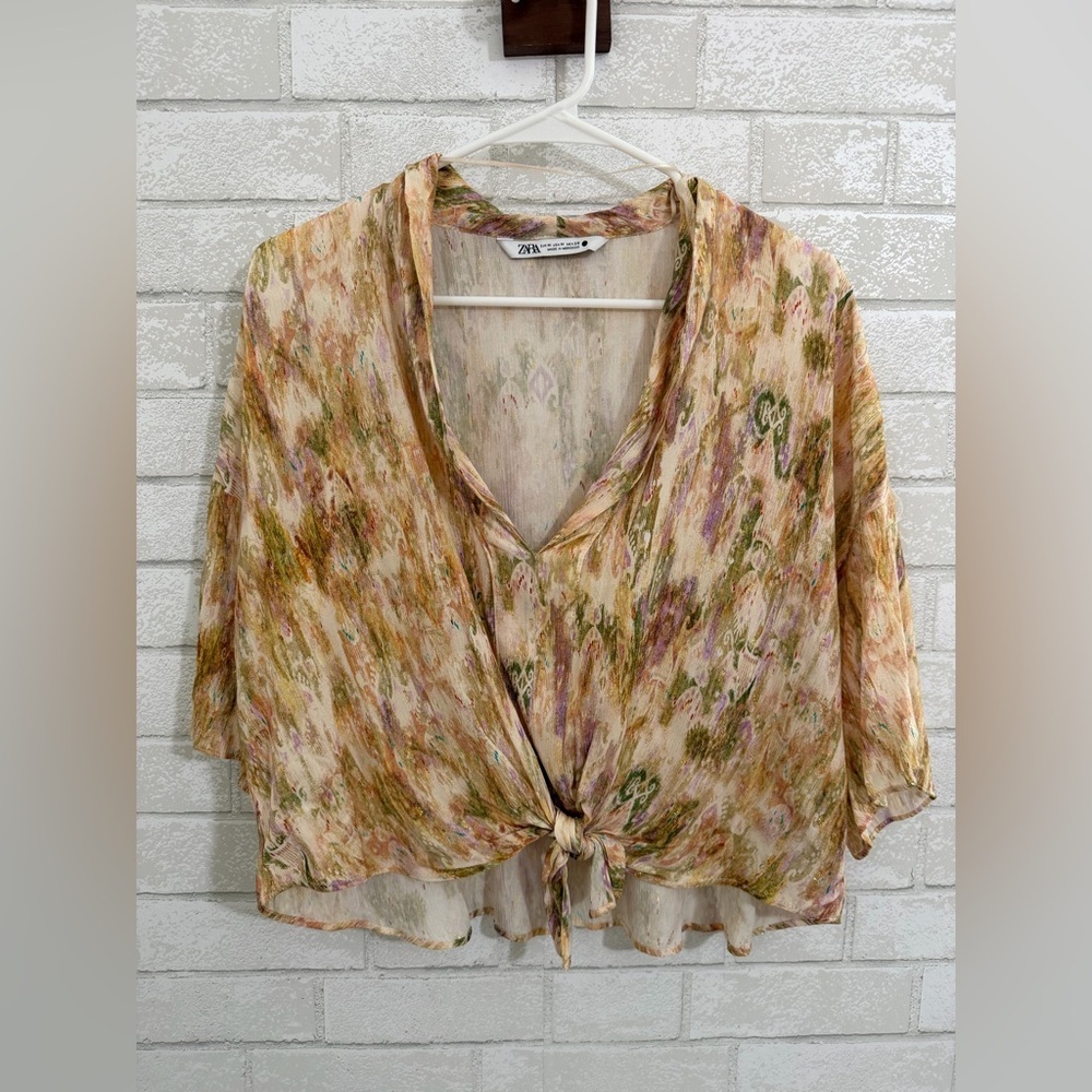 Zara Women’s Multicolor Gold Detailing Tie-Front Top Size M #3042